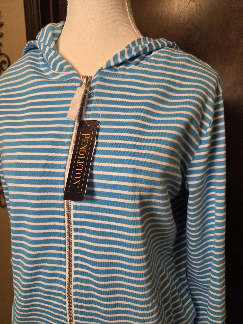 Pendleton Woolen Mills Aqua & White Striped Hooded Zip Jacket - Picture 6 of 15